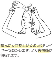 根元から立ち上げるようにドライヤーで乾かします。より爽快感が得られます。